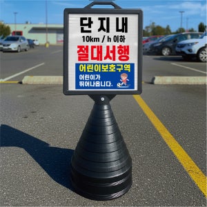 단지내 절대서행 어린이보호구역 입간판 검정오뚜기 사각형 물통 스탠딩 표지판 단면