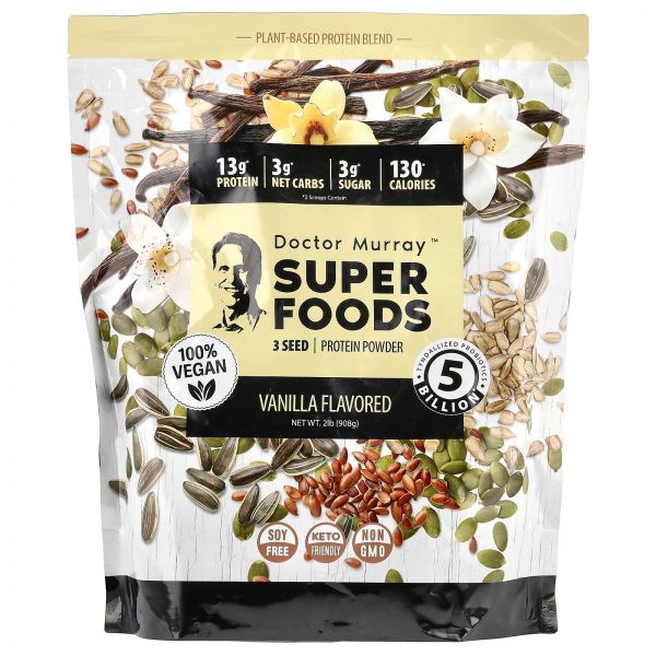 Dr. Murray’s Superfoods 3 <b>씨</b> 단백질 분말 호박 + 아마 해바라기 바닐라 (2lb)