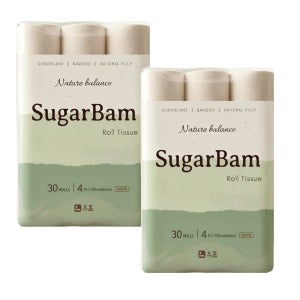휴홈 슈가밤 사탕수수 대나무 4겹 화장지 30m, 30롤, 2팩