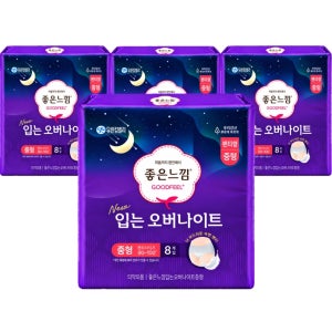 좋은느낌 입는 오버나이트 입는 생리대 중형, 8개입, 4팩