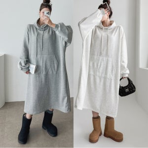 겨울 빅사이즈 큰옷 오버핏 캥거루포켓 아노락 터틀넥 후드 기모 롱 원피스