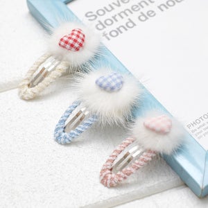 밍크 체크하트 유아 똑딱핀(한쌍) 아동 머리핀 여아 헤어핀