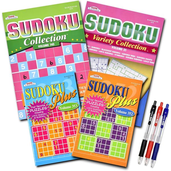 성인용 4팩 350개 이상의 스도쿠 퍼즐 팁과 요령 성인 및 노인용 퍼즐북 노화 노인 뇌 자극 활동 도서 대형 8 X10 다이제스트 5 X 콤보