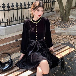 [루씨앤] 리딥 여성 벨벳원피스 하객룩 결혼식 라운드넥 슬림 리본 플레어 미니 7320