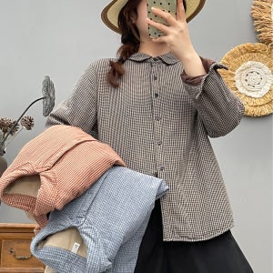 바담바담 둥근 카라 고방체크 누빔 긴팔셔츠