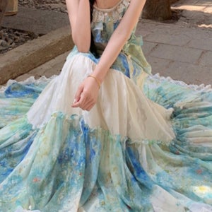 빅사이즈 비치원피스 동남아여행룩 공주풍 프릴 쉬폰 타이 보우 하늘하늘 롱 원피스