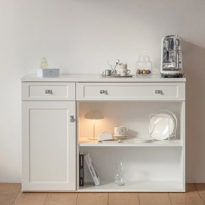 킨포 화이트 심플 주방수납장 그릇장 홈카페장 부엌수납장 카페장 홈바장 1200x400x850mm, 2단, 오픈형(루체 실버손잡이)