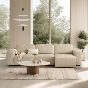 리바트 카모아 4인 가죽 슬라이딩 리클라이너 소파 스툴미포함, 시 트렌치 소프트 샌드