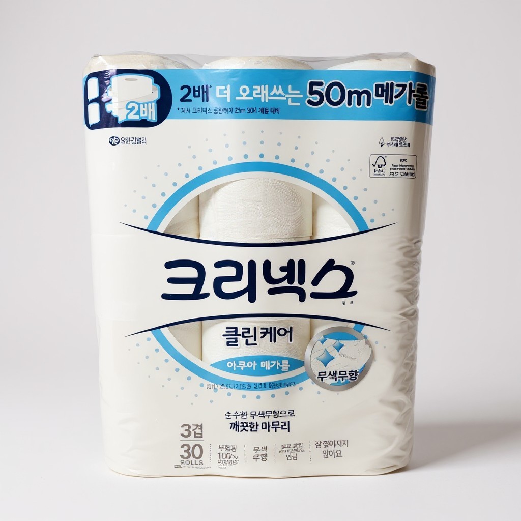 크리넥스 <b>클린케어</b> 메가롤 천연펄프 롤화장지 50m 30롤