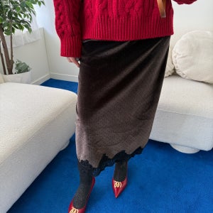 MERCI-2761 도트 레이스 벨벳 밴딩 롱스커트