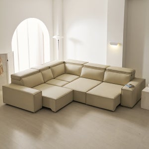 반델 2세대 가죽 모션 슬라이딩 리클라이너 소파 베이지, 6인