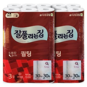 잘풀리는집 롤화장지 퀼팅 휴지 30롤, 2팩 두루마리 도톰한3겹 엠보싱 무형광