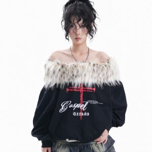 고스펑크 서브컬처패션 걸스힙합 상의 겨울 인조퍼 오프숄더 레트로 맨투맨 (2컬러)