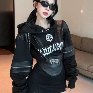 락시크룩 세미크롭후드티 걸스힙합 펑크룩 상의 패치워크 프린트 Y2K 스트릿패션 후드티셔츠 (2컬러)