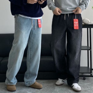 남자청바지 샌드워싱 풀온 밴딩 세미와이드 데님팬츠 빅사이즈 S-5XL