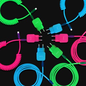N배송 비비드 컬러 USB-A C타입 듀얼 초고속충전기+스프링케이블 세트