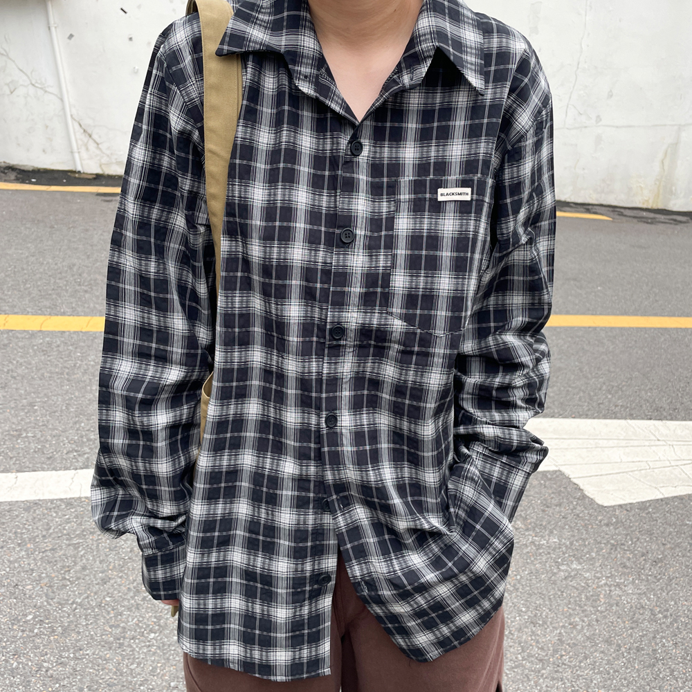 원포켓 체크셔츠 남자 오버핏 남방 화이트 카키 블랙