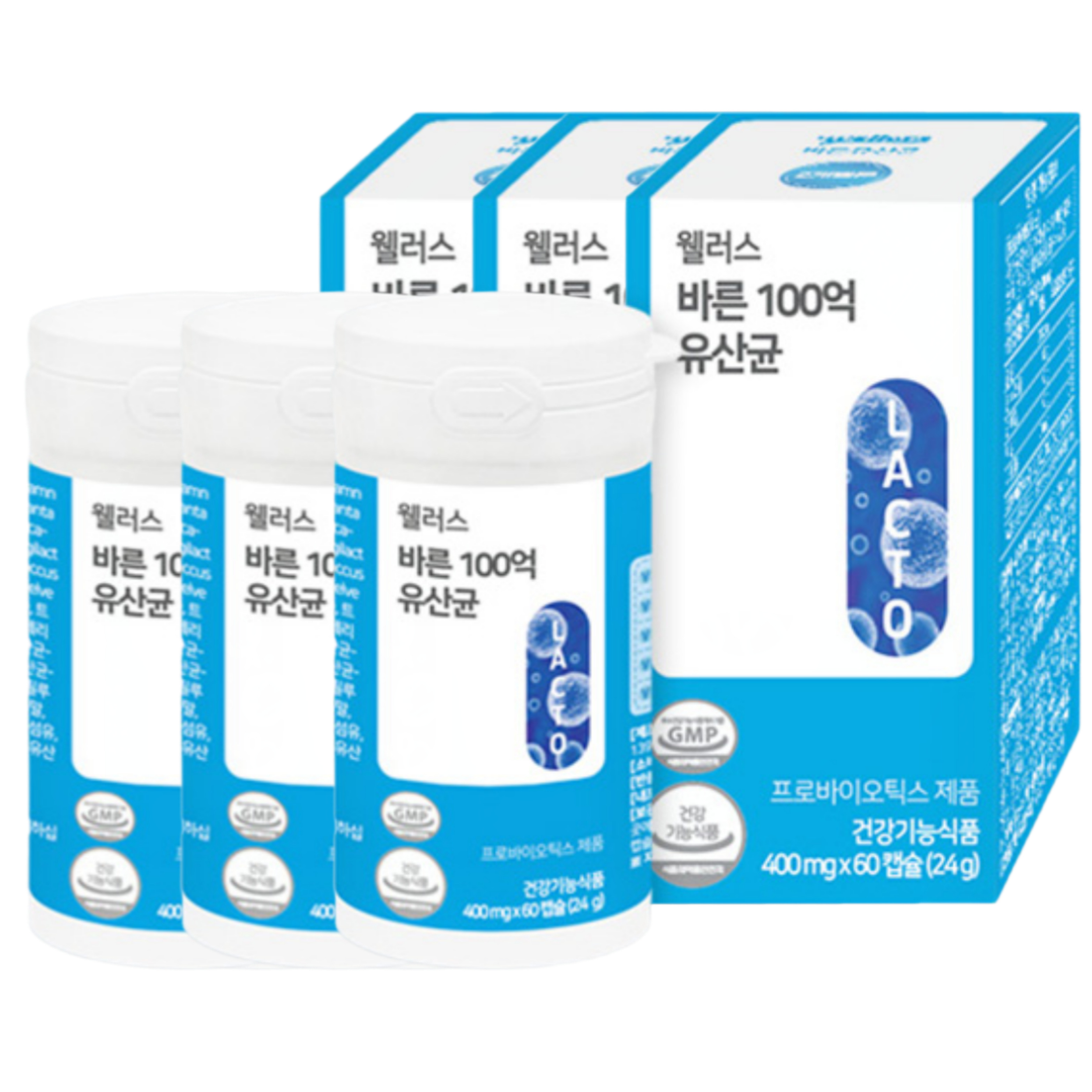 웰러스 <b>바른</b> 100억 <b>대장</b>유산균 <b>과민성대장</b>유산균 400mg 60캡슐, 3개