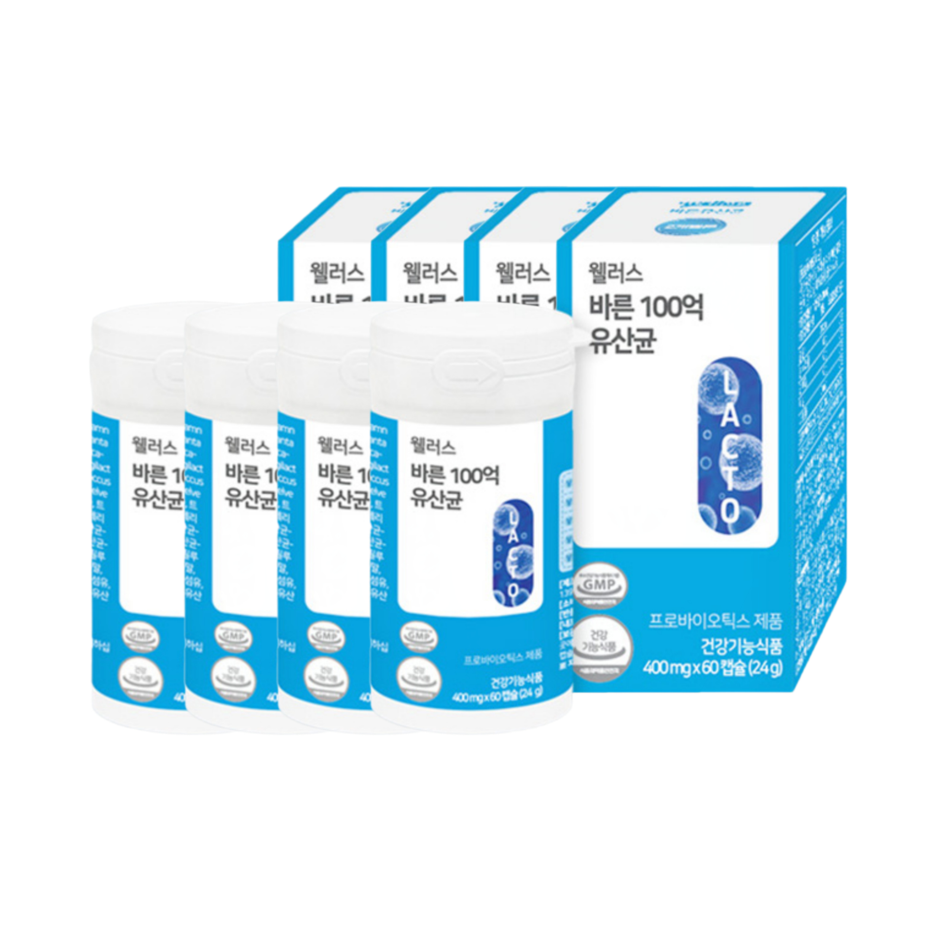 웰러스 <b>바른</b> 100억 <b>대장</b>유산균 <b>과민성대장</b>유산균 400mg 60캡슐, 4개