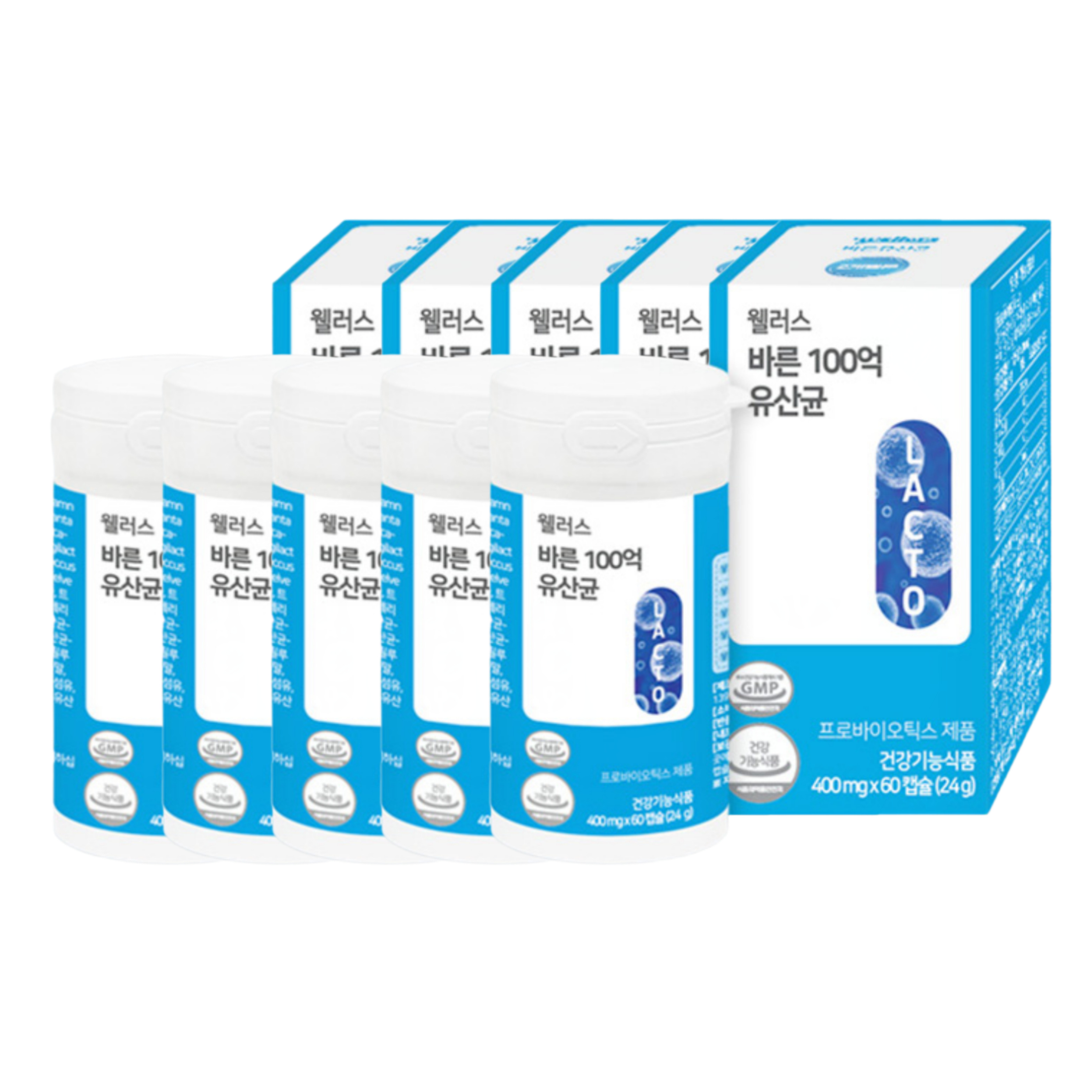 웰러스 <b>바른</b> 100억 <b>대장</b>유산균 <b>과민성대장</b>유산균 400mg 60캡슐, 5개