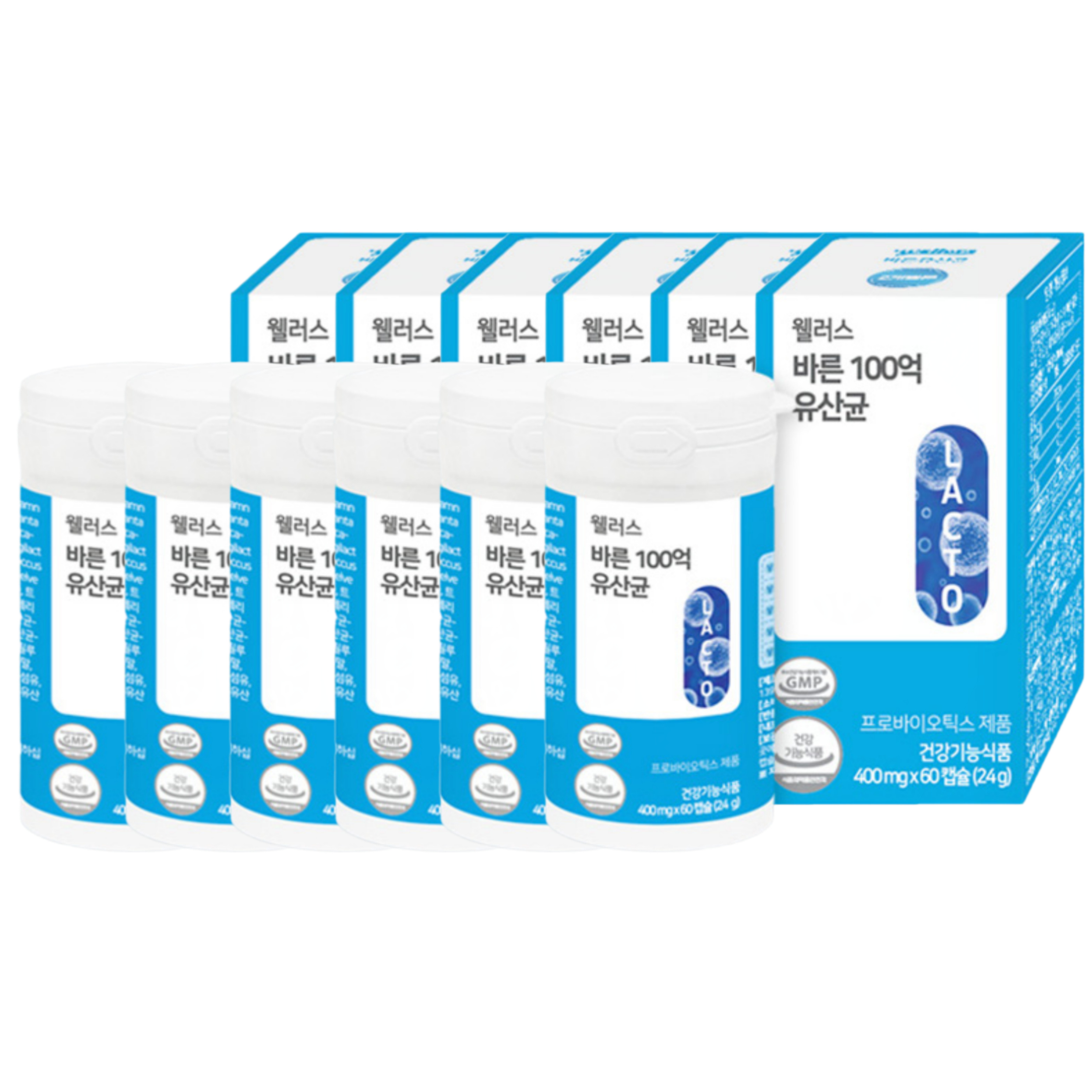 웰러스 <b>바른</b> 100억 <b>대장</b>유산균 <b>과민성대장</b>유산균 400mg 60캡슐, 6개