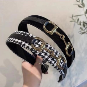 고급 골드 버클 헤어밴드 하운드 체크 모던 머리띠 명품 벨벳 공단 와이드 여자 헤어밴드