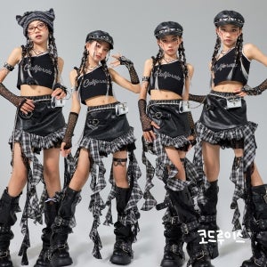 코드루이스 섹시 큐트 걸그룹 초등 방송 댄스복 블랙 체크 가죽 스커트 학예회 의상
