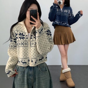 하이넥 눈꽃 사슴 노르딕 니트 집업 가디건