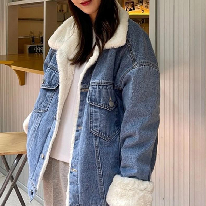 여성 겨울 오버핏 데님 양털 털 자켓 퍼자켓