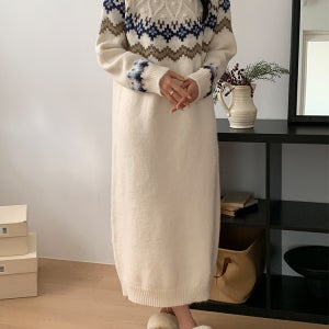 겨울 원피스 노르딕 배색 헤어리 롱 니트 원피스 빅사이즈