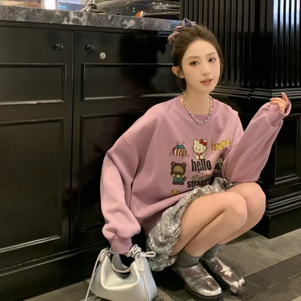 가을 겨울 귀여운 키티 퍼플 맨투맨 티셔츠