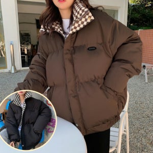 오버핏 여성 2컬러 체크 패턴 패딩 여자 겨울 빅사이즈 따뜻한 점퍼 루즈핏 패션 아우터