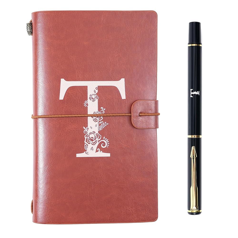 개인화된 플로럴 모노그램 저널과 <b>동일</b>한 알파벳 T 로 인쇄된 메탈릭 볼펜 과 을 위한 사려 깊은 졸업 크리스마스 추수감사절 not book A