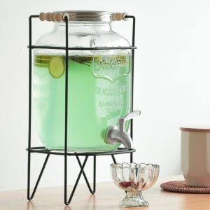 우루 심플 음료 디스펜서 유리 4L/5L/8L 손잡이형 철제 거치대 수도꼭지 밸브 포함