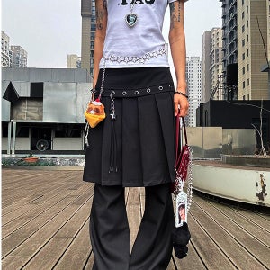 빅사이즈 블랙 플리츠 페이크투피스 하이웨이스트 와이드 치마바지 스트릿패션 가을 여성바지
