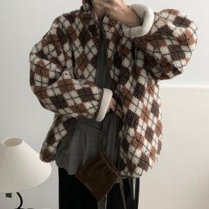 [SALE/당일] 바스켓 아가일 덤블 집업 뽀글이 후리스 플리스 자켓 점퍼 (2c)