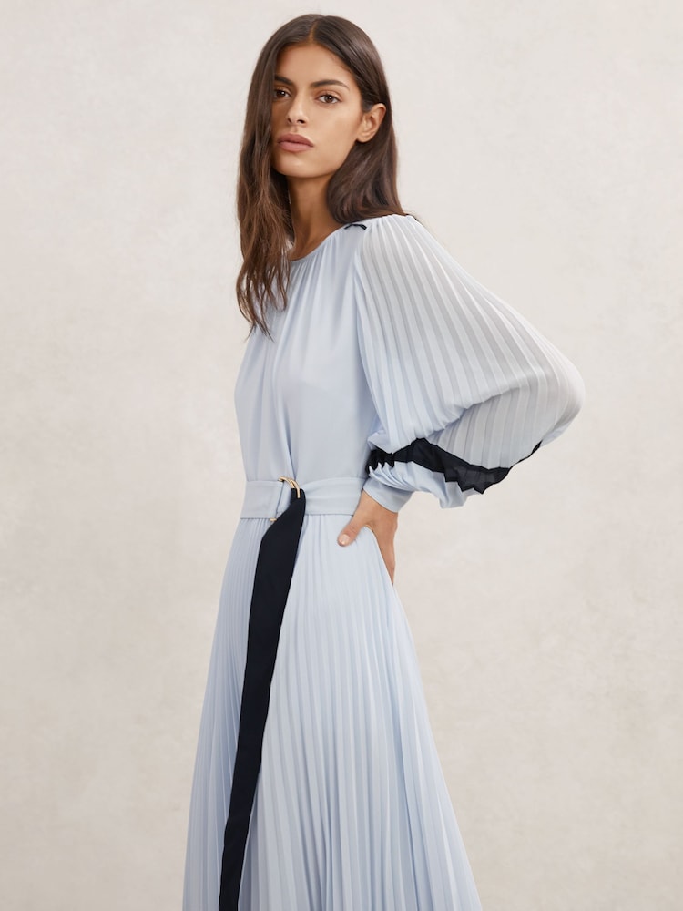 REISS Tori 컬러블럭 플리츠 미디 드레스