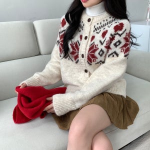 도톰 노르딕 눈꽃 하트 울 니트 가디건
