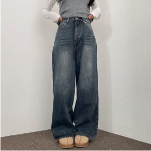 여성 겨울 밴딩 기모 워싱 데님 흑청 데님팬츠 융기모 와이드 팬츠 데일리 여자 청바지