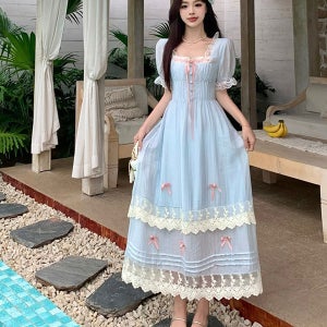 공주풍 롱원피스 여름 블루 시폰 레이스 리본 스퀘어넥 반팔 바캉스 빅사이즈 체형커버드레스