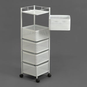 소유 철제 5단 회전 트롤리(화이트) 거실 주방 이동식선반