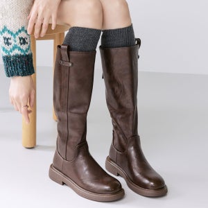 에스유니 통넓은 여성 슬림핏 뒷지퍼 기모 안감 첼시 롱부츠 미들굽 3.5cm