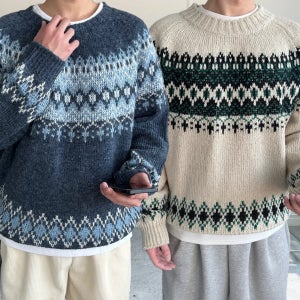 노르딕 눈꽃 듀크 오버핏 라운드 니트 스웨터 겨울 7color