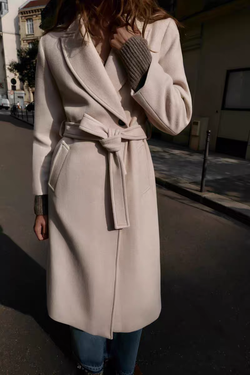 ZARA 여성 아이보리 베이지 벨트 테일러드 롱 코트