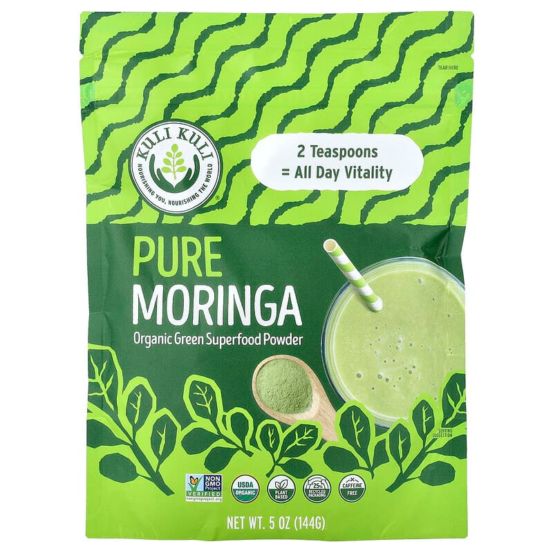 <b>Kuli Kuli</b> 퓨어 모링가 유기농 그린 슈퍼 푸드 분말 카페인 무함유 144g(5oz) KKI-00554