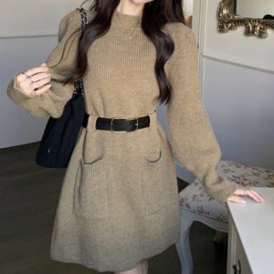 골지 니트 반목 미디 원피스 벨트 포켓 포인트 하프넥 미니 원피스 파티룩 연말 크리스마스