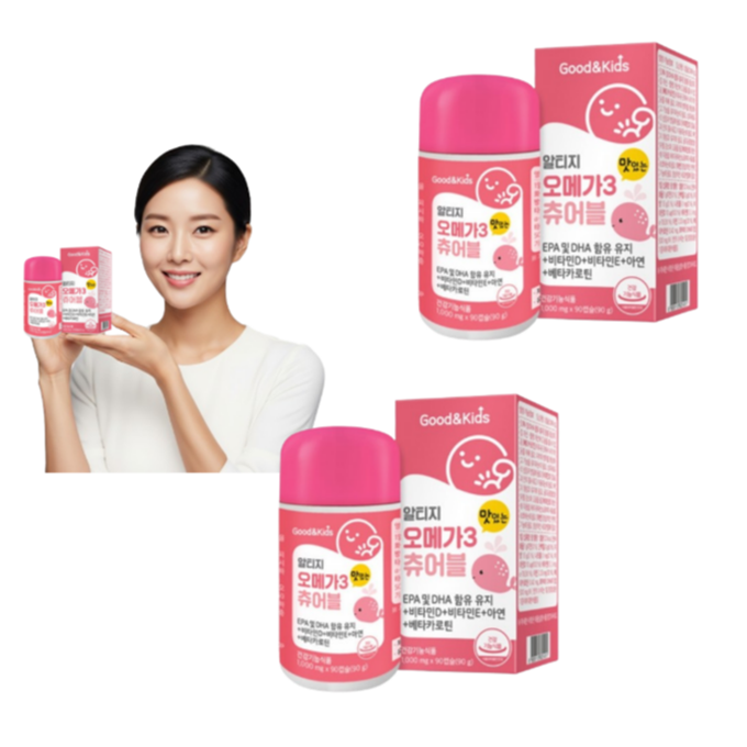 <b>알티지</b> <b>오메가3</b> 츄어블 굿앤 키즈 츄어블 어린이영양제 내츄럴<b>플러스</b> 90캡슐 x 2개