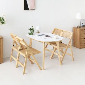 마켓비 RAMIRA 테이블 12080 HPL 라운드형 + POLIM 접이식의자 라탄 내추럴 4인 세트