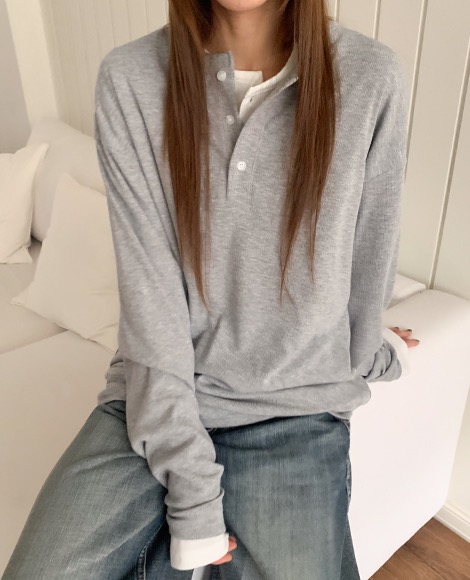 basic button Tee (5color) 베이직 이너 버튼 레이어드 기본 티셔츠