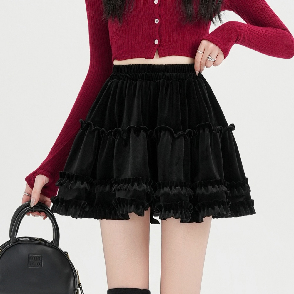블랙 벨벳 러플 A라인 미니 스커트